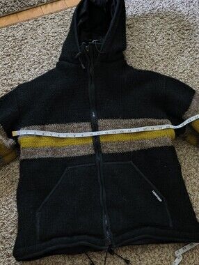 Men's Black Laundromat Hooded Zip Sweater with Brown and Mustard Stripes Lrg